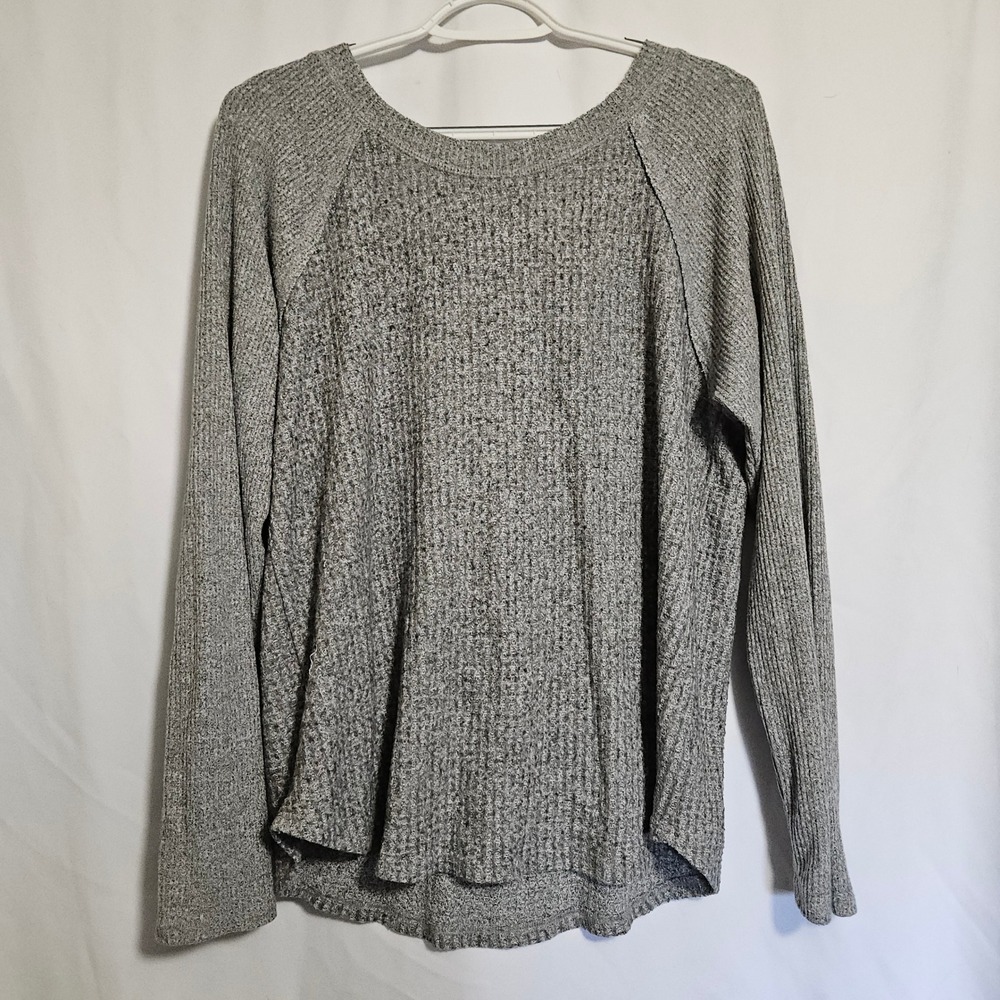 Waffle Knit Top Women Medium Grey Excellent Raglan Long Sleeve Pullover Korye
